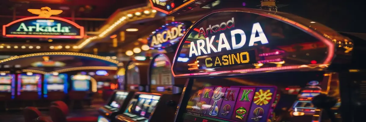 Яркая вывеска Arkada Casino в современном игровом зале